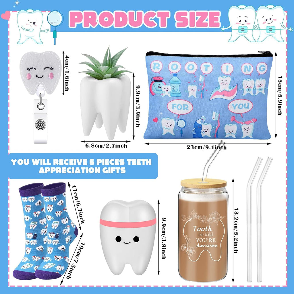 Pickmesh 6 Pcs Dental Gifts Dentist Assistant Hygienist Gifts 16 oz Glass Cups with Lid Makeup Bag Socks Badge Holder Tooth Brush Pot for Women Coworkers Doctor Nurse Christmas Accessories(Gray Blue)