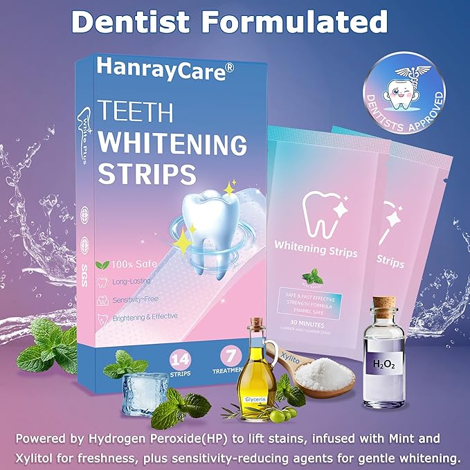 Professional Teeth Whitening Strips, 3X Faster Results, Enamel Safe Whitener Kit, No-Slip & Ultra-Thin, 14 Treatments for Coffee & Wine Stain Removal | Mint Flavor - HanrayCare