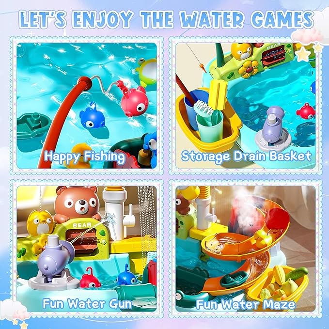 2026 Upgraded Toddler Sand Water Table Toy with Electric Water Pump, Kids Sand Water with Faucet/Play Food Accessories/Fishing Toy, Kitchen Play Sink Toys for Girl Boy Age 3+