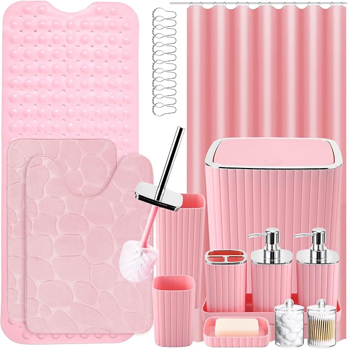 26PC Bathroom Accessories Set - Gorgeous Pink Bathroom Set, Bathroom Accessory Set, Pink Shower Curtain Set with Bathtub Mats for Shower Tub