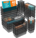 WOWBOX 40 PCS Clear Plastic Drawer Organizer Set, 4 Sizes Desk Drawer Organization and Storage Containers for Makeup, Cosmetics, Jewelry and Gadgets in Kitchen, Bathroom, Bedroom, Office, Clear Black