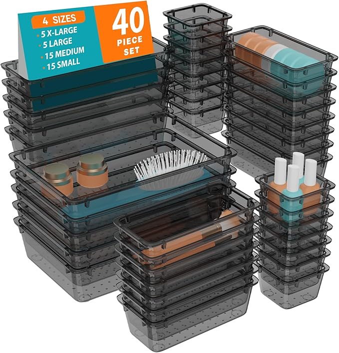 WOWBOX 40 PCS Clear Plastic Drawer Organizer Set, 4 Sizes Desk Drawer Organization and Storage Containers for Makeup, Cosmetics, Jewelry and Gadgets in Kitchen, Bathroom, Bedroom, Office, Clear Black