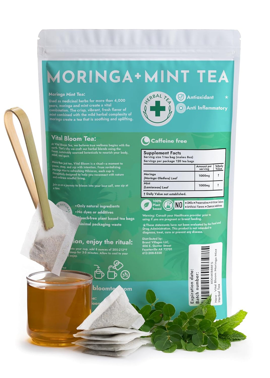 Vital Bloom Moringa Mint Tea, 120 Tea Bags, reduces inflammation, Bleach Free tea bags, Non GMO (Free Bamboo Tongs Included)