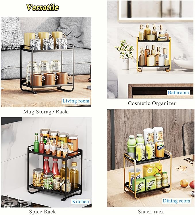 2-Tier Black Carbon Steel Bathroom Counter Organizer - Skincare Cosmetic Display Tray for Perfume, Makeup，Bathroom, Vanity Storage - Modern Countertop Organizer and Vanity Decor