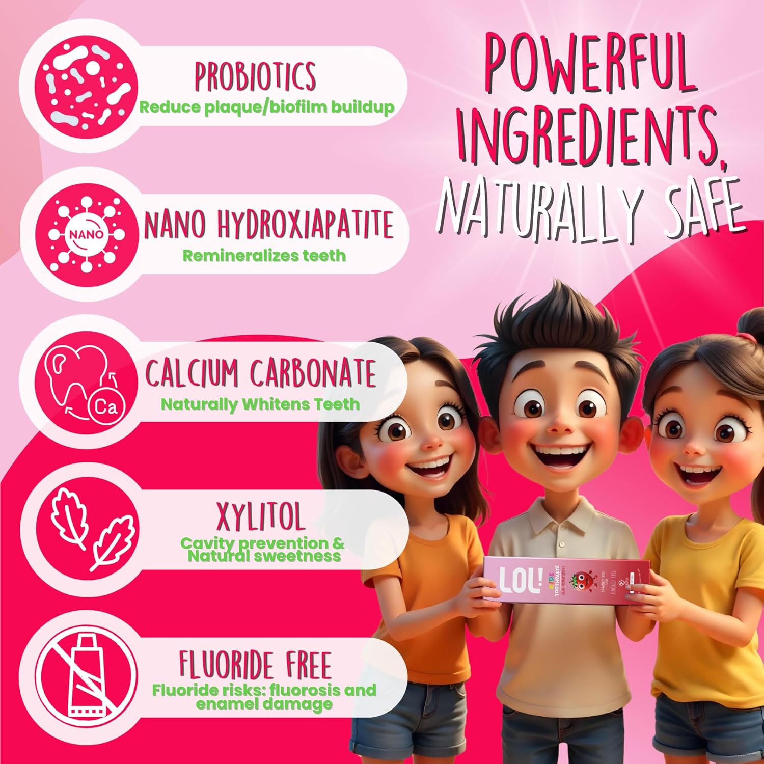 LOL Kids Toothpaste | Fluoride Free 4-Flavors Pack | Nano Hydroxyapatite Toothpaste, Probiotics, Vitamins A, C, E | Safe if Swallowed, No SLS | 1 Strawberry, 1 Melon Flavor, 1 Peppermint, 1 Cinnamon