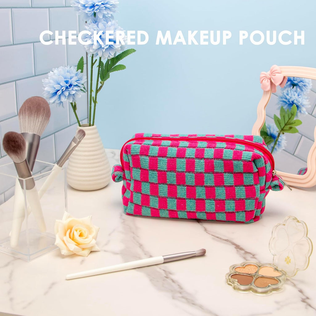 PAZIMIIK Checkered Makeup Bag for Purse Portable Zipper Make Up Pouch Small Cosmetic Case for Travel Accessories (2PCS Magenta Green)