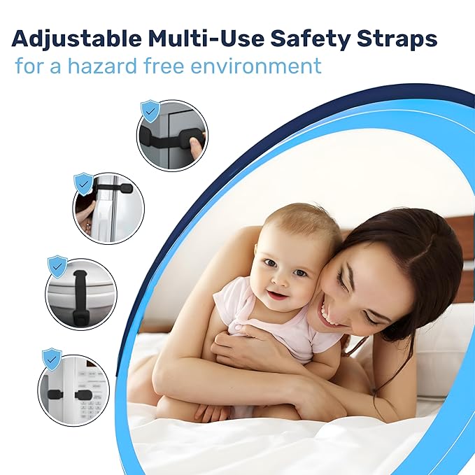 3M Adhesive Child Safety Strap Locks by Baby Proof Me, Baby Latches for Cabinets, Dishwashers, Fridges, Ovens and Trash Cans, Stain Free Toilet Lock (Black, 24 Safety Latches)