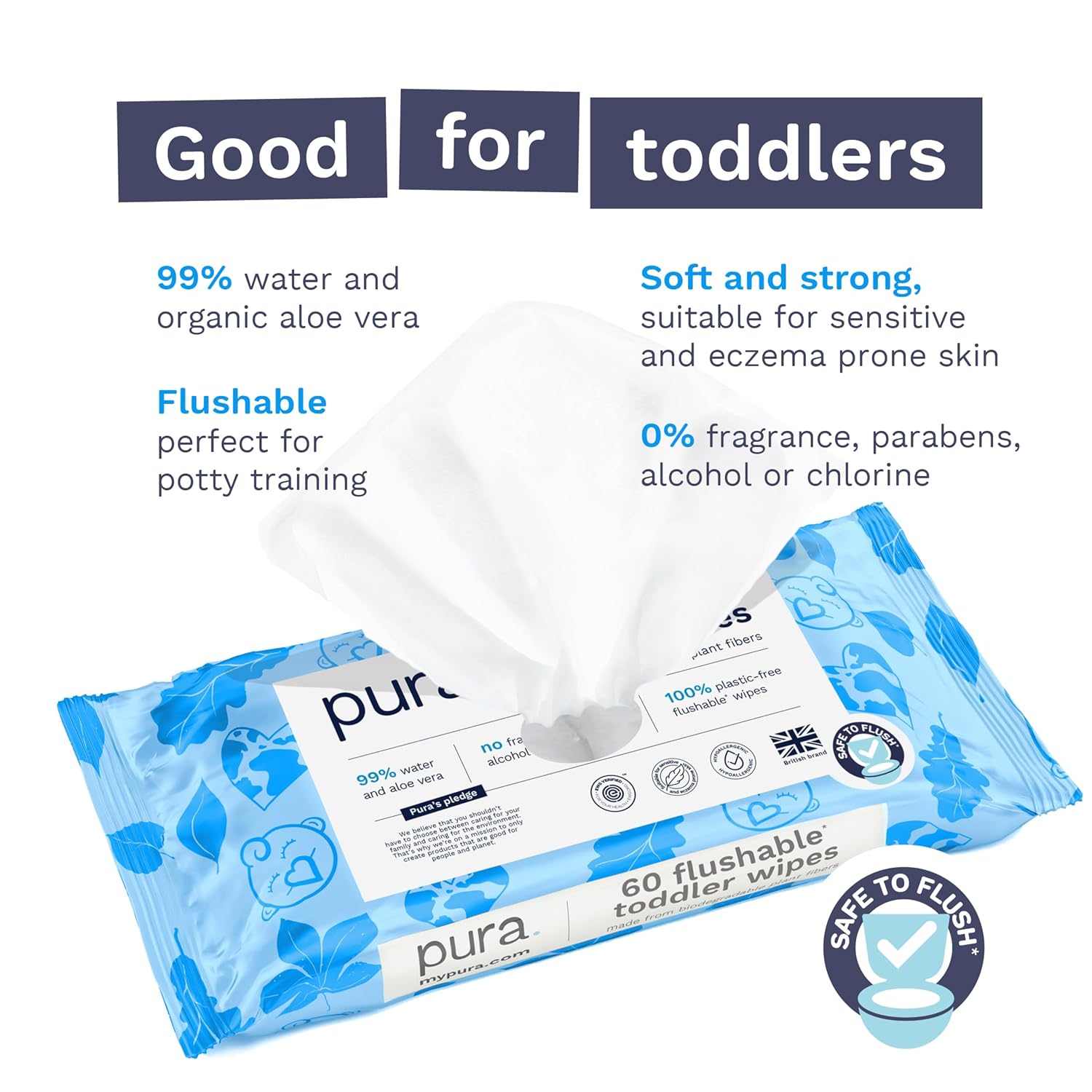 Pura Flushable Toddler Wipes 1 x 60 Wipes, 100% Plastic Free, 99% Water, Hypoallergenic & Fragrance Free, Totally Chlorine Free, Kids Toilet Wipes, Sensitive Skin