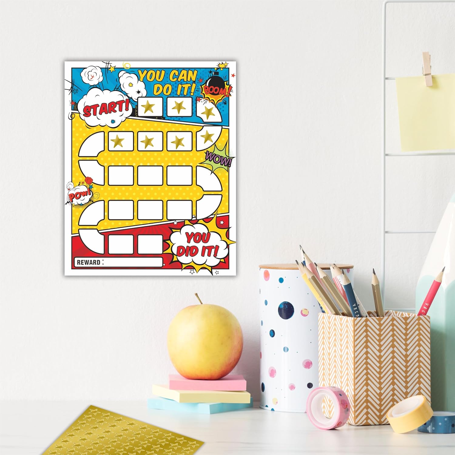 10 Reward Chart with 206 Golden Star Stickers-Comic Theme-Incentive Chart,Positive Behavior Reward Chart for Kids,Toddler Homework Assignments, Attendance(8"X10")-A02