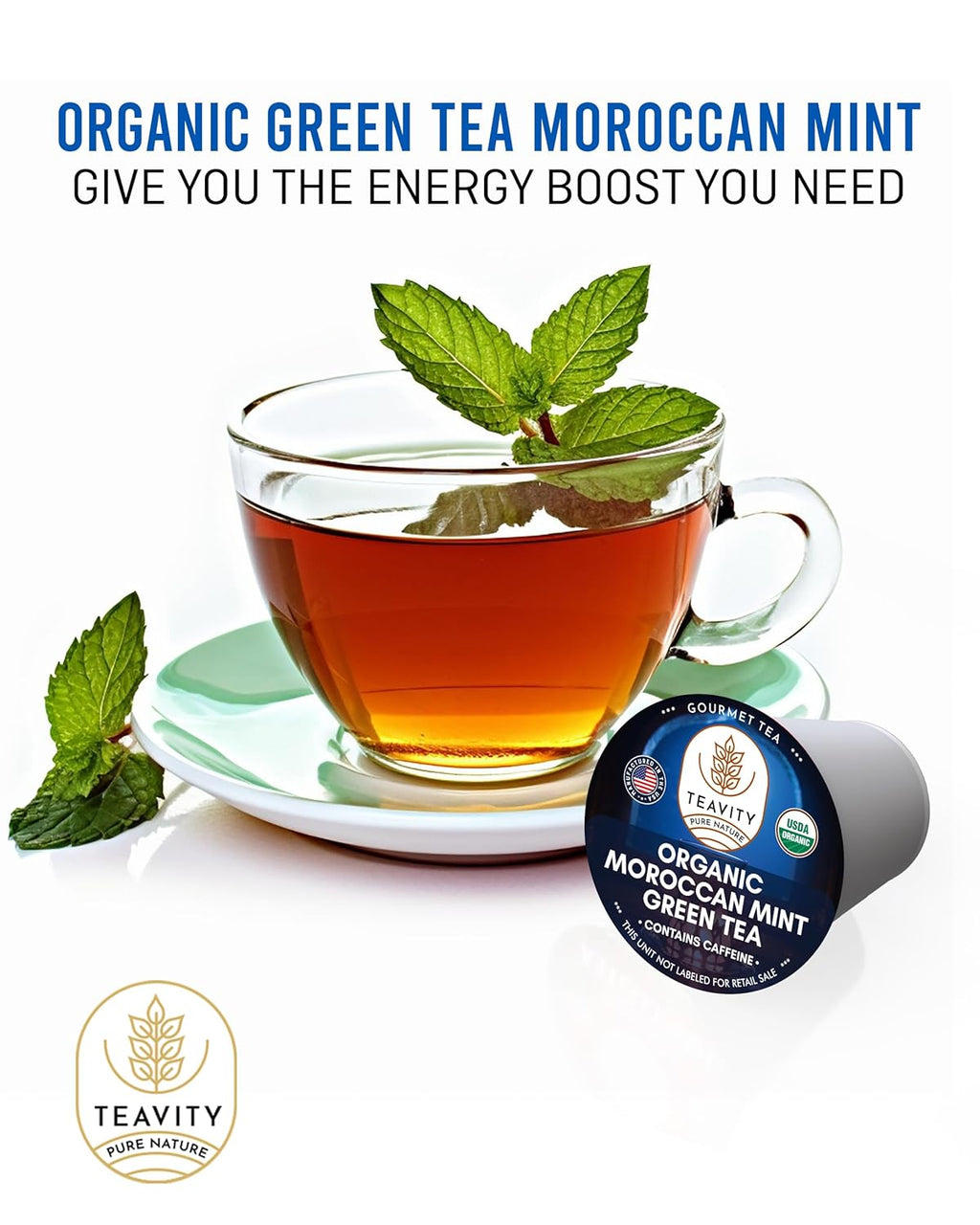 Organic Moroccan Mint Tea and Green Tea Pods for Keurig - Caffeinated Unsweet Tea for K Cup Brewing by Teavity (36 Tea Pods)