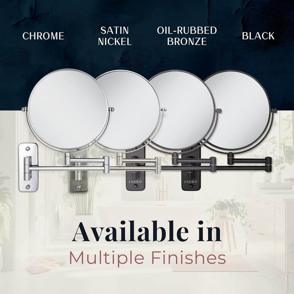 Zadro 7" Wall Mounted Wardrobe, Vanity Makeup Mirror with Magnification & Extending Arm (Large | 12.25" x 12" | 8X/1X, Chrome)