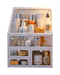 MOOCHI White Vintage Glass Cosmetic Makeup Organizer 3 Drawers Set Dust Waterproof Cosmetics Storage Display Case Countertop for Brushes Lipsticks Jewelry