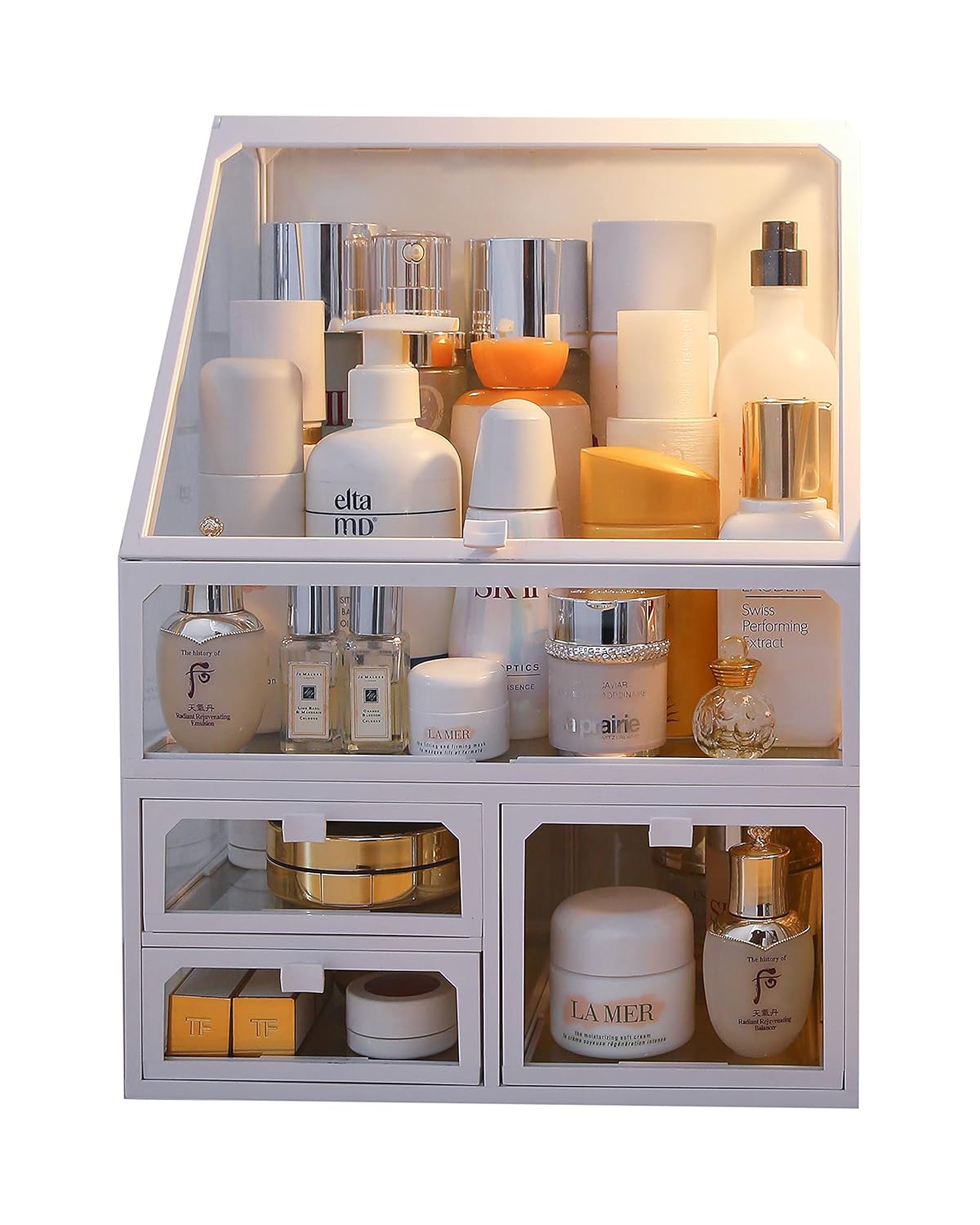 MOOCHI White Vintage Glass Cosmetic Makeup Organizer 3 Drawers Set Dust Waterproof Cosmetics Storage Display Case Countertop for Brushes Lipsticks Jewelry