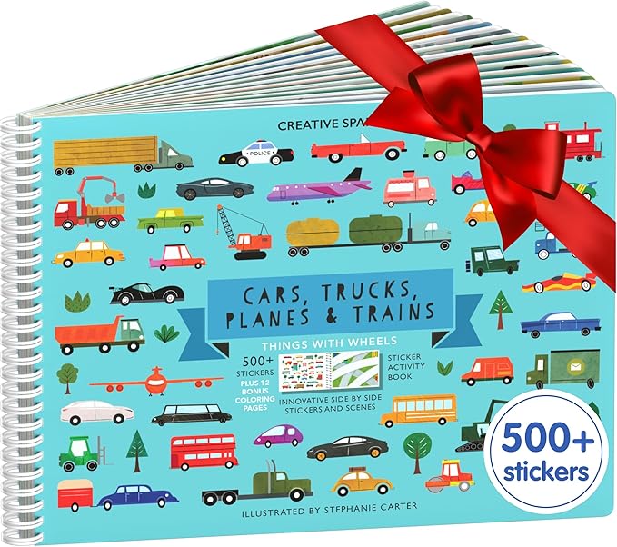 CUPKIN Sticker Book for Kids 2-4, 500+ Kids Stickers, Cars, Trucks, Planes & Trains 12 Coloring Pages 12 Side by Side Scenes, Fun Toddler Travel Activity Coloring and Sticker Books for Ages 4-8 + 8-10