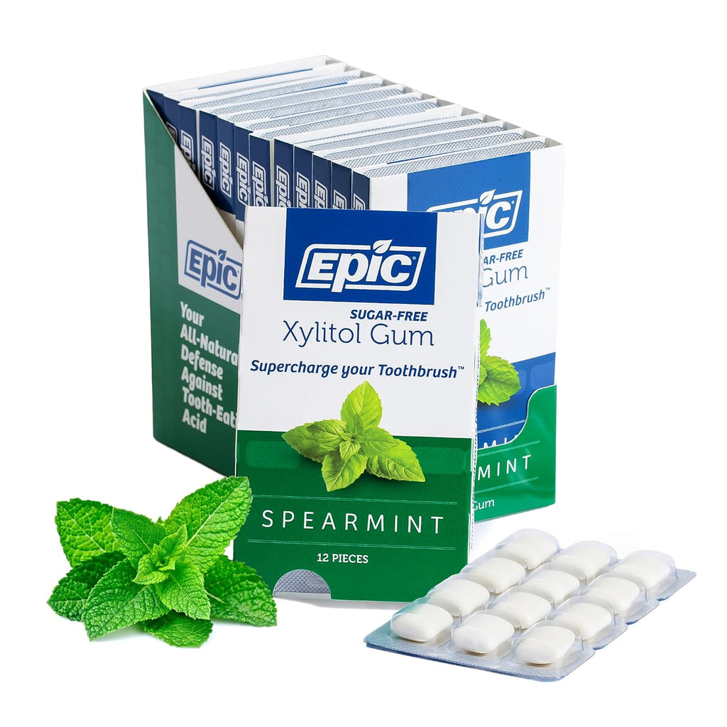 Epic 100% Xylitol Spearmint Chewing Gum - Sugar Free, Aspartame Free Dental Gum - Supports Oral Health & Fresh Breath - 12 Pieces (Pack of 12)