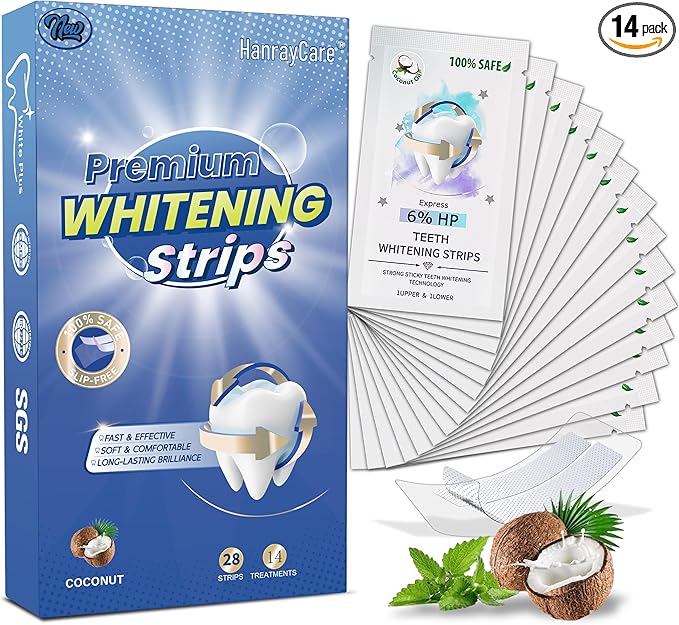 Enamel-Safe Teeth Whitening Strips for Deep Stain Removal, Professional Dentist-Approved with Hydrogen Peroxide, Super Sticky & Non-Slip, Clinically Tested Brightening Kit, 28 Ct (14-Day) | HanrayCare