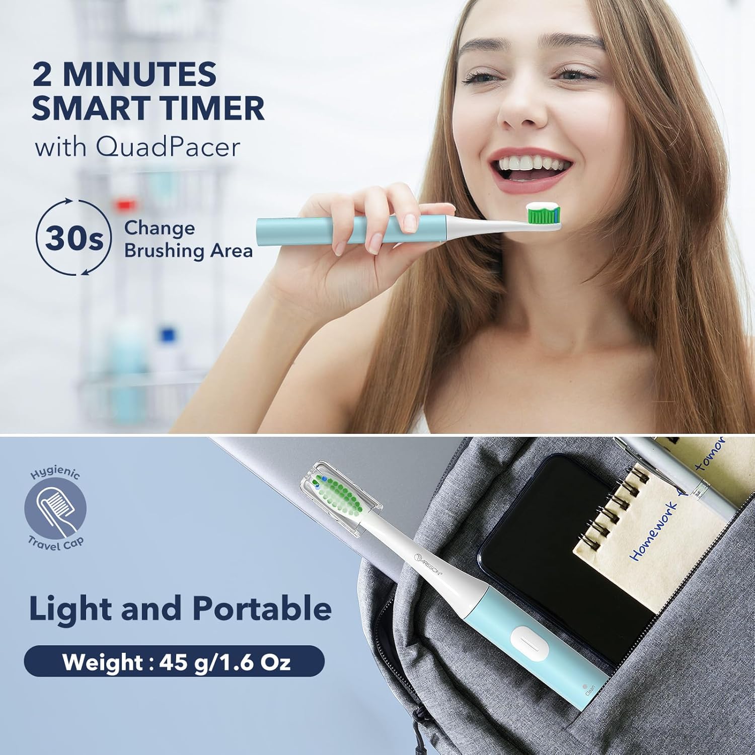 ARISSON Sonic Electric Toothbrush for Adults and Kids, 40,000 VPM Power Toothbrush, 1.5H Fast Charge Ultrasonic Electric Toothbrushes with 2 Minutes Smart Timer, White on Jet Stream