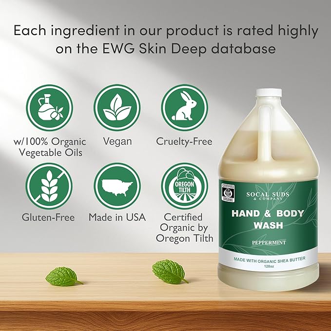 SoCal Suds & Company 128oz Certified Organic Hand & Body Wash w/Shea Butter- Gentle Natural Body,Baby & Face Wash for Sensitive Skin, Moisturizing Thick Castile Soap, Hand Soap and More - Peppermint