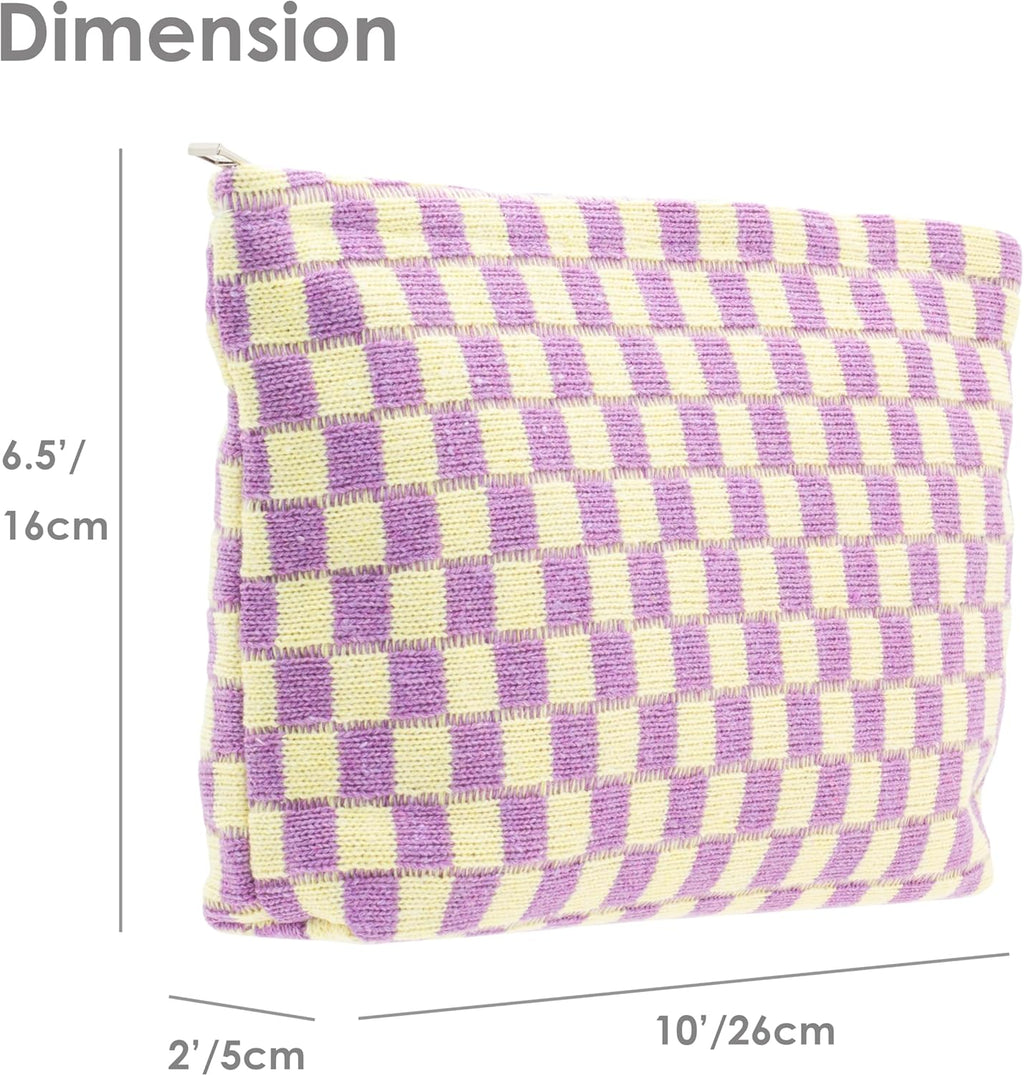 PAZIMIIK Knitted Checkered Makeup Bag Large Zipper Make Up Accessory Pouch for Purse Cosmetic Brush Bag for Travel Essential,Purple