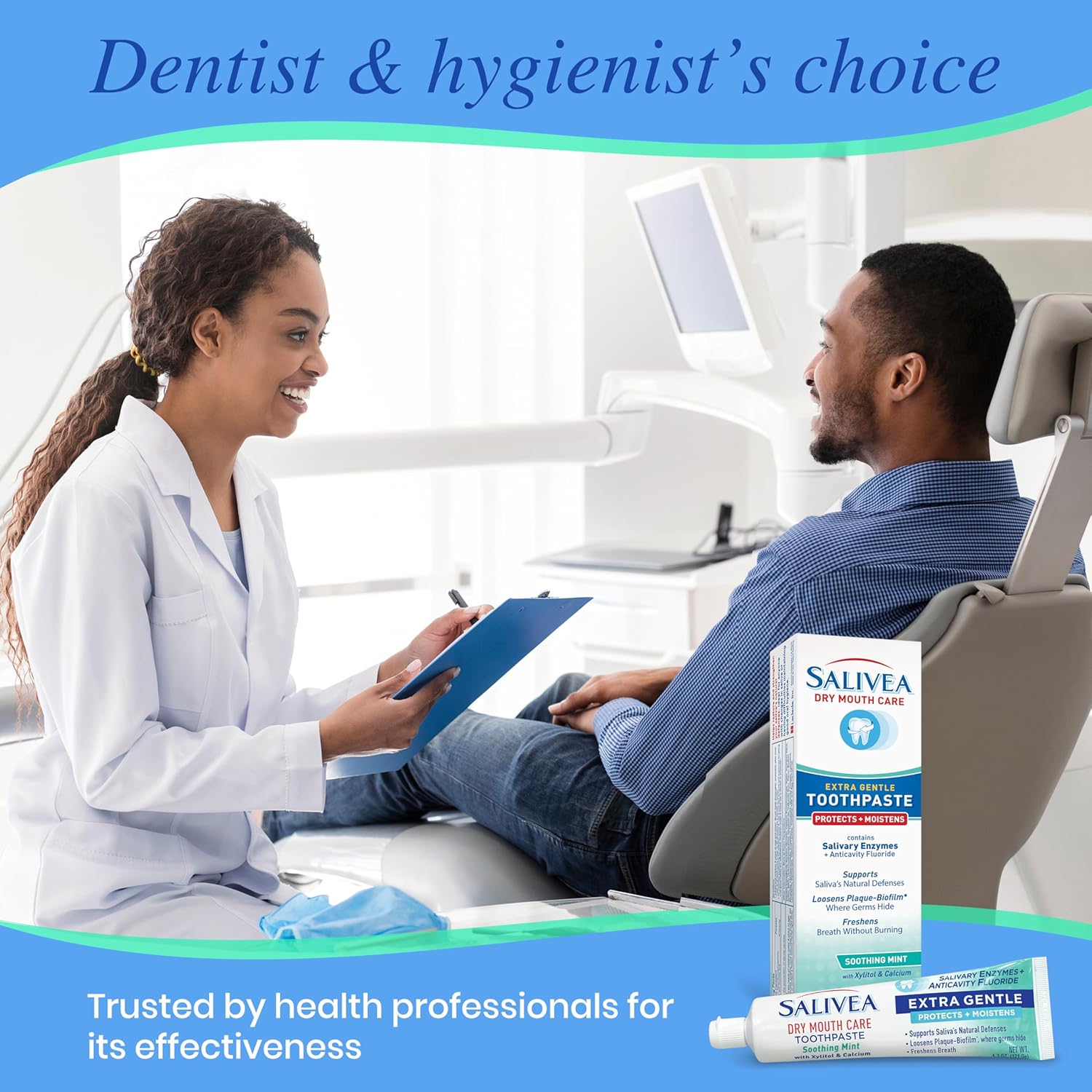 SALIVEA Gentle Toothpaste for Dry Mouth Care, 4.3 oz Tube, 2 Pack, Anticavity with Fluoride, Natural Salivary Enzymes, Vitamin E & Aloe Vera, Cleans, Moisturizes & Refreshes Breath, Soothing Mint