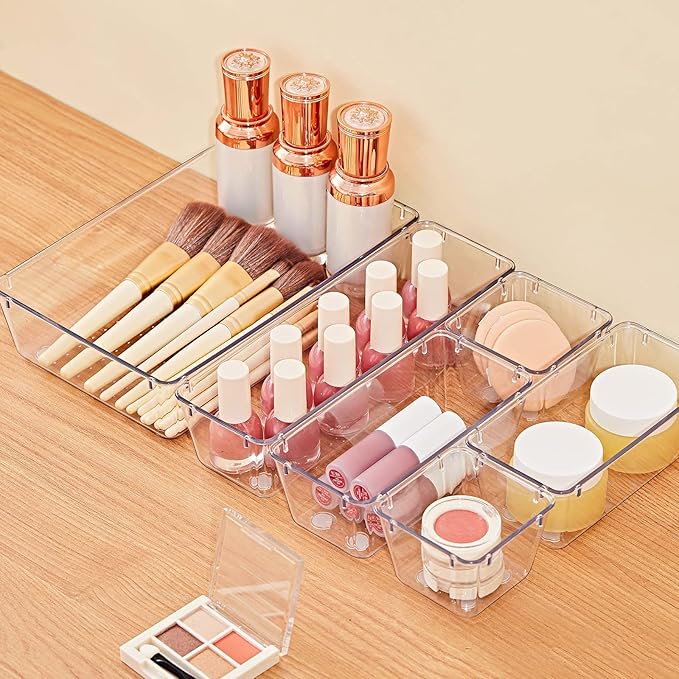 SMARTAKE 28 Piece Drawer Organizers with Non-Slip Silicone Pads, 4-Size Desk Drawer Organizer Trays Storage Tray for Makeup, Jewelries, Utensils in Bedroom Dresser, Office and Kitchen, Clear