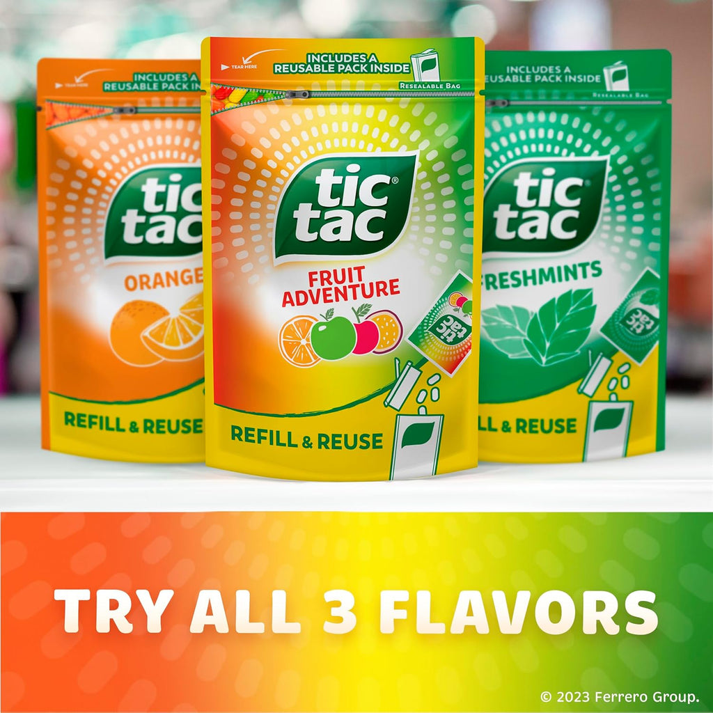 Tic Tac Bulk Resealable Refill Bag, Fruit Adventure Mints, On-The-Go Refreshment, Includes Empty Refillable Pack, 17.2 oz