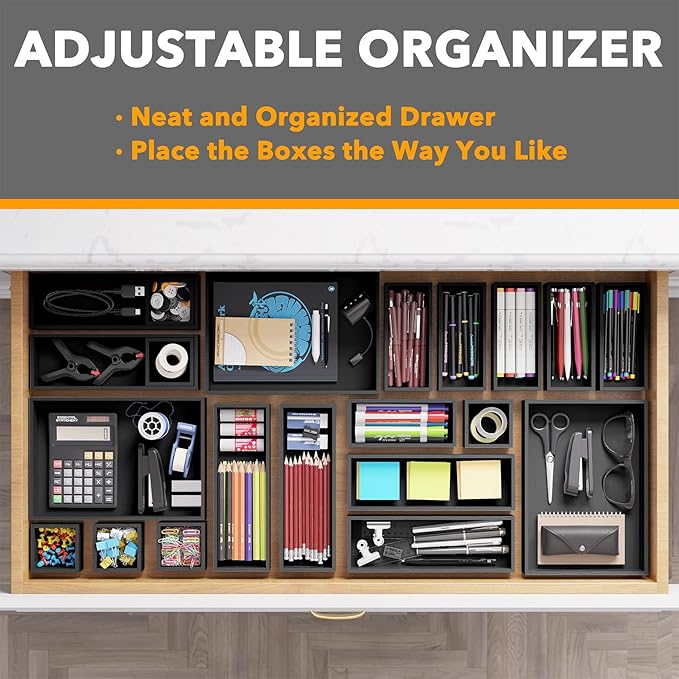 SpaceAid 21-Piece Bamboo Drawer Organizer Storage Boxes Set, Wood Tray Junk Drawer Organizers Multi-Use Divider Bins for Kitchen, Bathroom, Office Desk and Makeup Organization (21 Pack, Black)