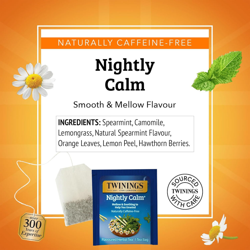 Twinings Nightly Calm Herbal Tea Individually Wrapped Bags, 20 Count (Pack of 1), Spearmint & Lemongrass, Naturally Caffeine-Free, Enjoy Hot or Iced, 20 Teabags