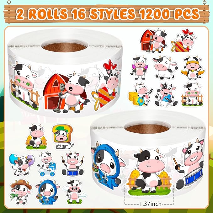1200 Pcs Cute Cows Stickers for Kids 2 Roll Water Bottle Farm Stickers 2 Roll Sticker for Teacher Reward School Supplies Incentives Cow Party Favors (16 Styles)