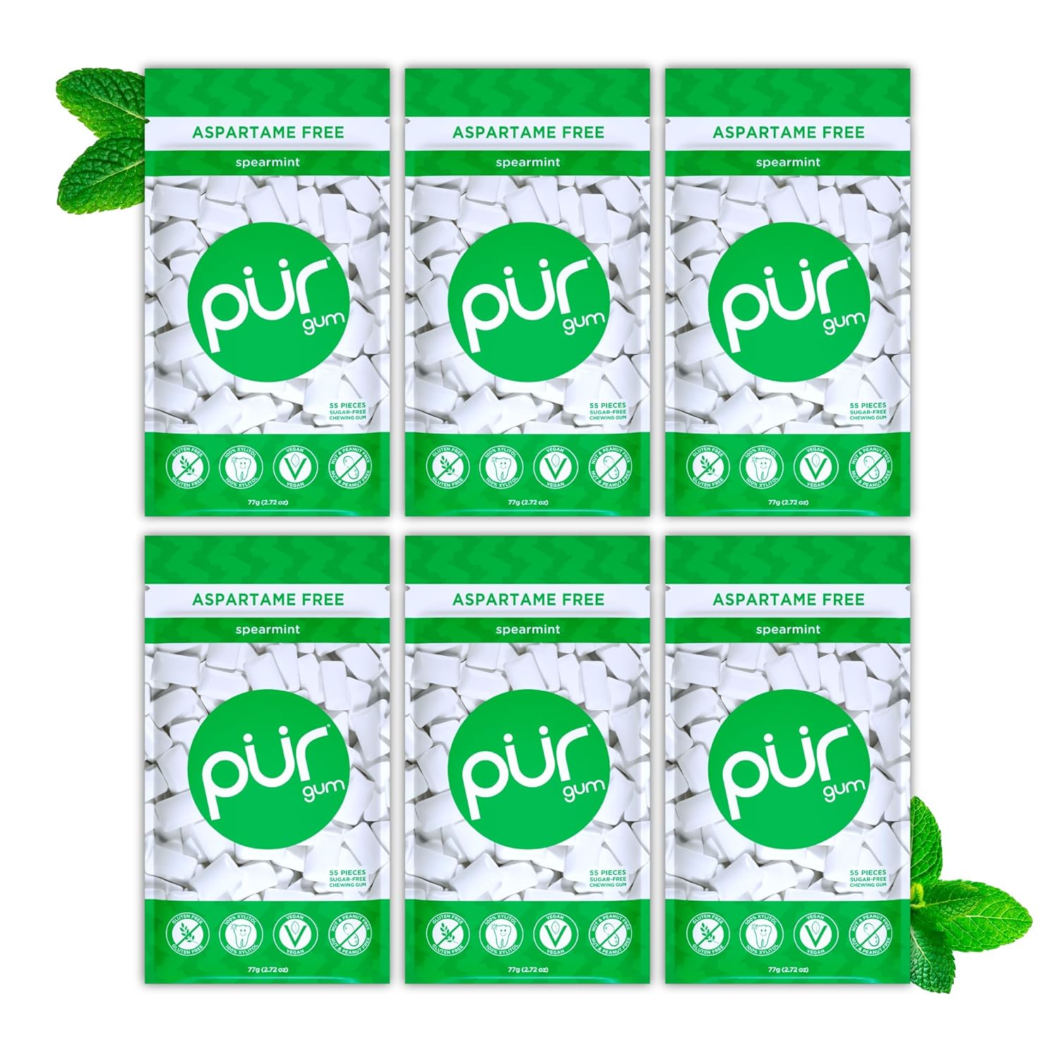 PUR Gum | Aspartame Free Chewing Gum | 100% Xylitol | Natural Spearmint Flavored Gum, 55 Pieces (Pack of 6)