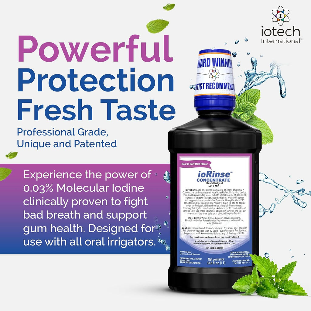 ioRinse Concentrated Irrigant with Active Molecular Iodine, Alcohol-Free Dental Irrigant, use with Water Flossers, and All Other Oral Irrigation Devices - Soft Mint