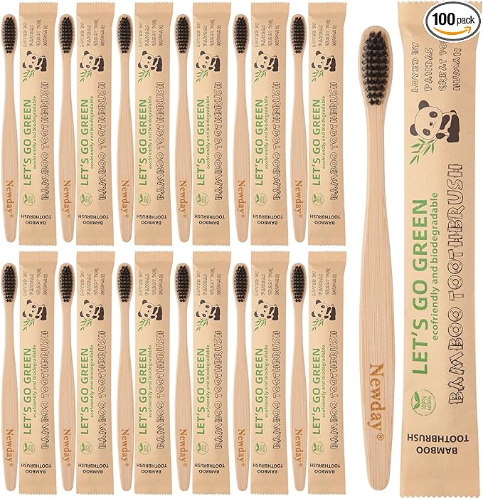 Newday 100 Pack Bamboo Toothbrushes Bulk, Individually Wrapped, BPA Free Soft Bristles Toothbrush, Recycled Packaging, Biodegradable ECO Friendly Toothbrushes for Home Hotel Travel (Black)