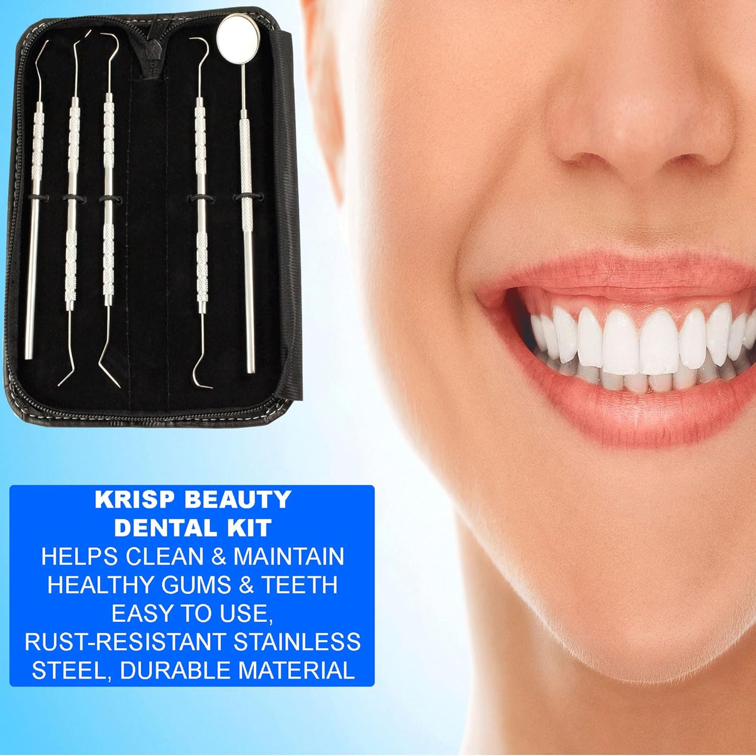Professional Dental Tools - Dental Pick, Dental Scaler for Tartar Plaque Remover Tooth Cleaner Teeth Scraper Dentist Hygienist Kit Sickle Scaler Teeth Cleaning Set Stainless Steel 5 Pc By Krisp Beauty