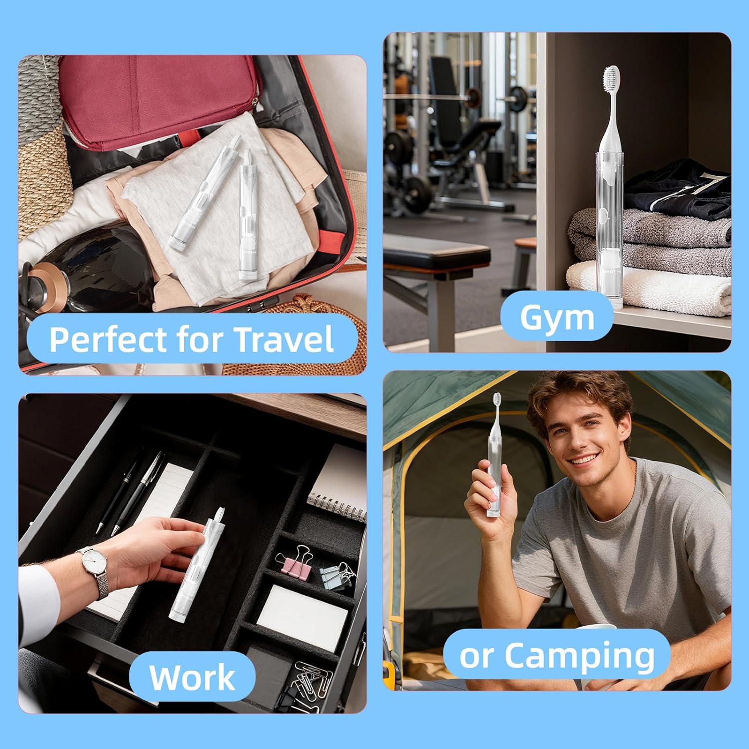 Travel Toothbrush with Built-in Toothpaste Container, Foldable Toothbrush with 2 Soft Brush Head, Portable Reusable Toothbrushes for Business Trips, Camping, Travel Size（White）