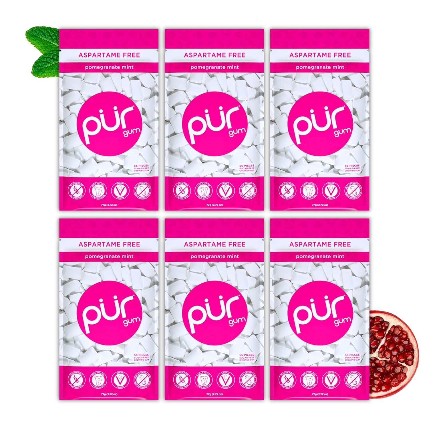 PUR Gum | Aspartame Free Chewing Gum | 100% Xylitol | Natural Pomegranate Mint Flavored Gum, 55 Pieces (Pack of 6)