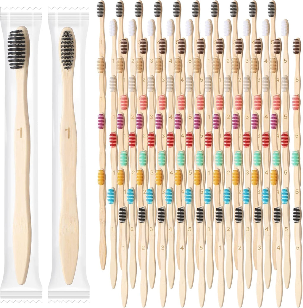 Sieral 120 Pcs 120 Pcs Bamboo Toothbrushes Bulk Soft Bristle Individually Wrapped Travel Toothbrush Eco Friendly Natural Wooden Tooth Brush for Kid Adult Home Travel Use, 7.5 Inch, 12 Colors (Number)