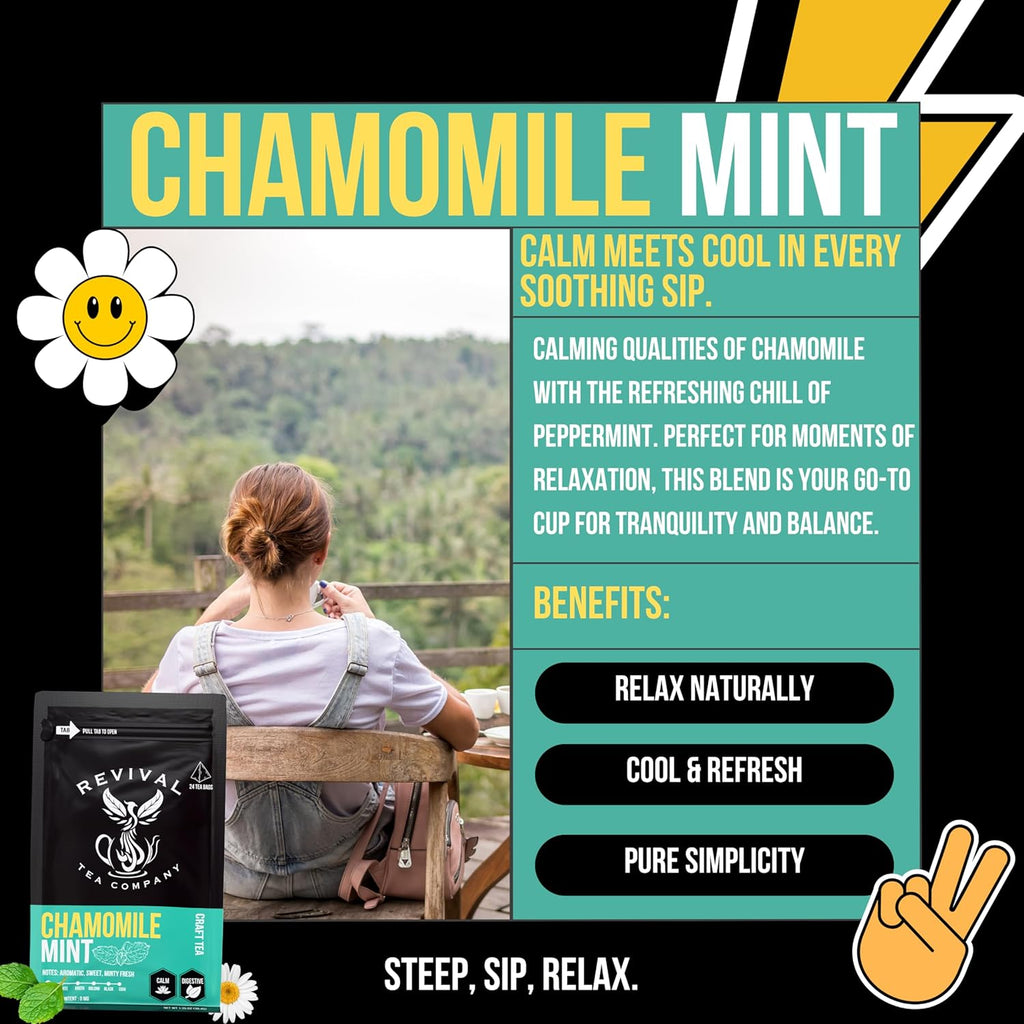 Revival Tea Company Chamomile Mint Tea - Herbal Tea Blend of Chamomile Flowers and Peppermint Leaf - Caffeine Free - 24 Tea Bags