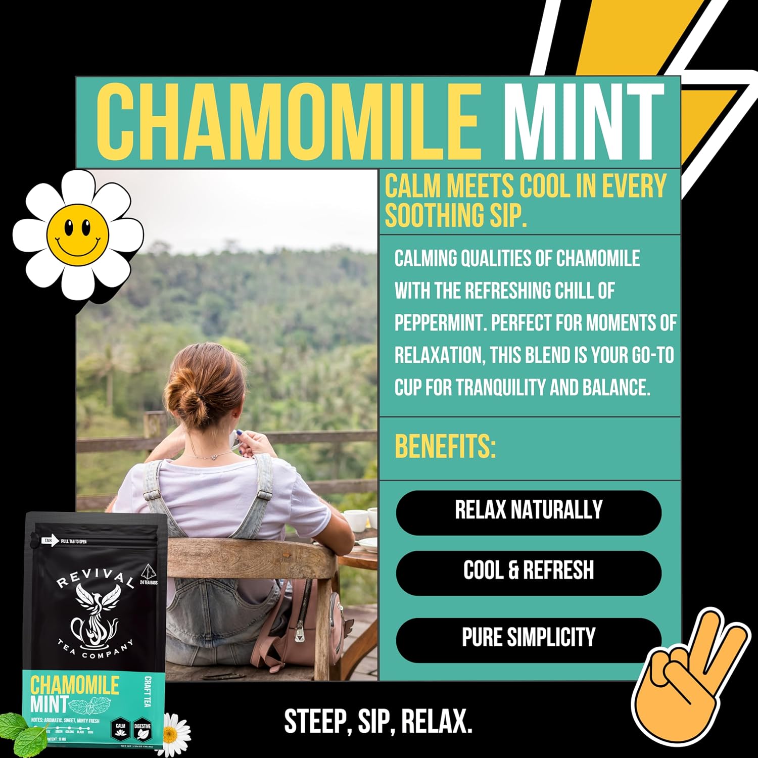 Revival Tea Company Chamomile Mint Tea - Herbal Tea Blend of Chamomile Flowers and Peppermint Leaf - Caffeine Free - 24 Tea Bags