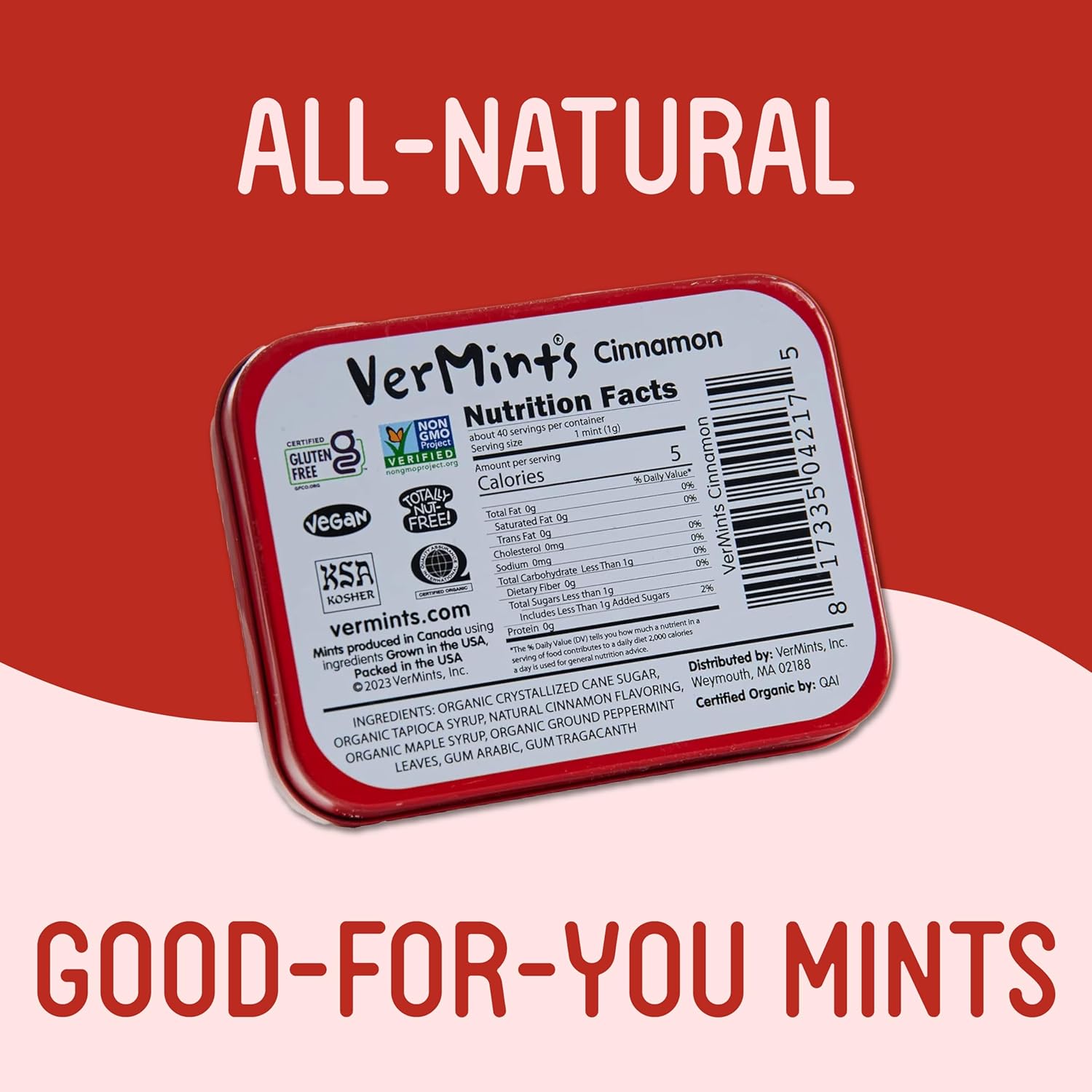 VerMints Organic Cinnamon Breath Mints - Real Lasting Cinnamon Refreshment - Travel Size Tin - Non-GMO, Nut Free, Gluten Free, Vegan & Kosher Organic Flavored Mints - 1.41 oz (6 Pack)