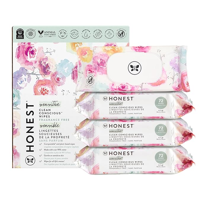 The Honest Company Clean Conscious Multi-Use Wipes Unscented Hypoallergenic Baby for Sensitive Skin 99% Water Plant-Based Compostable Rose Blossom 288 Count