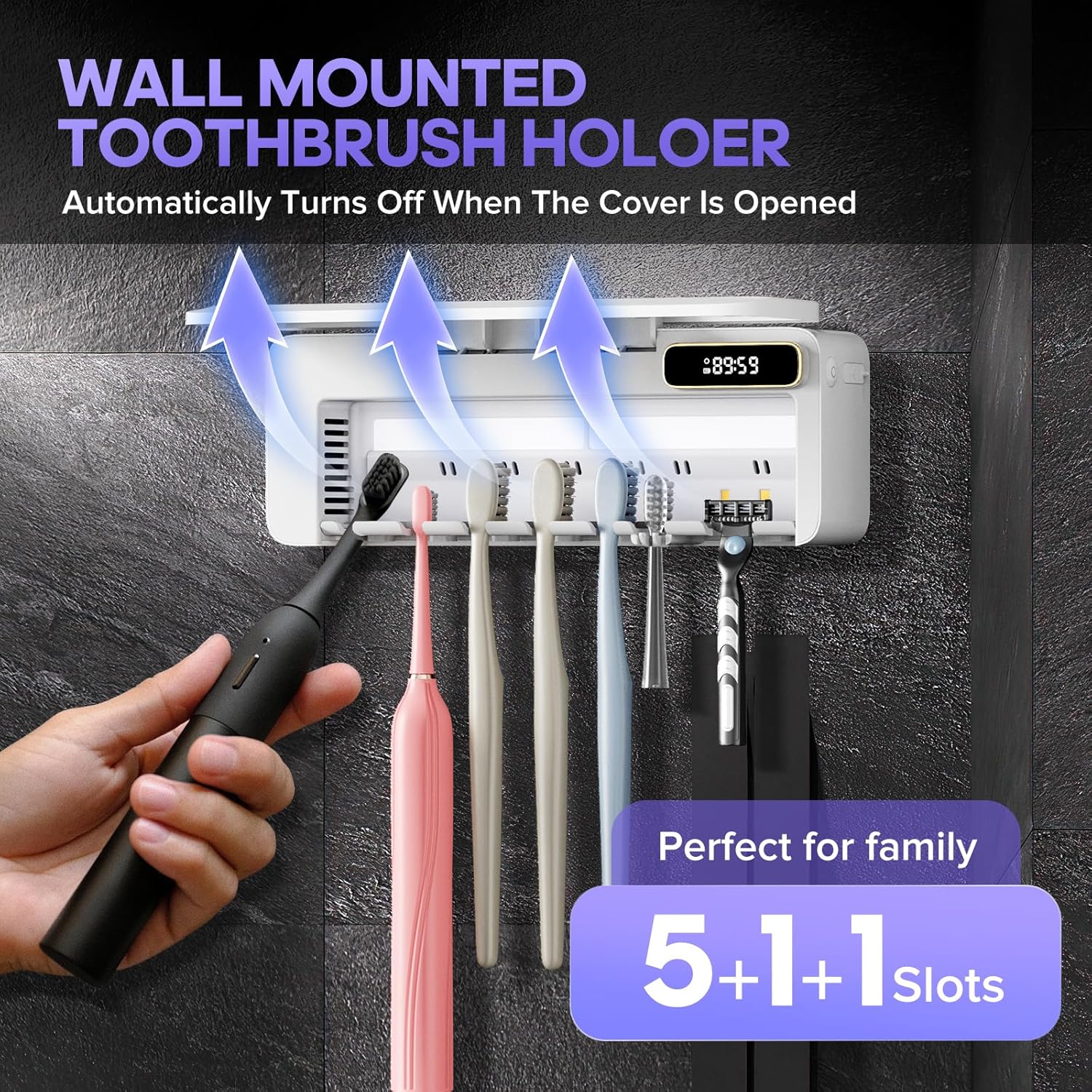 Toothbrush Holders Wall Mounted 7 Slots Tooth Brush Holder for Bathroom Rechargeable Electric Toothbrush Holder Set Storager with Fan Drying Heating (White1)