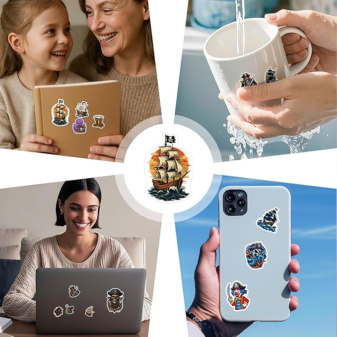 100 PCS Pirate Stickers Pack – Funny Adventure Vinyl Waterproof Decals with Ships, Treasure Maps, Sea Creatures for Laptop, Water Bottle, Car, Scrapbook, Kids, Adults Gifts