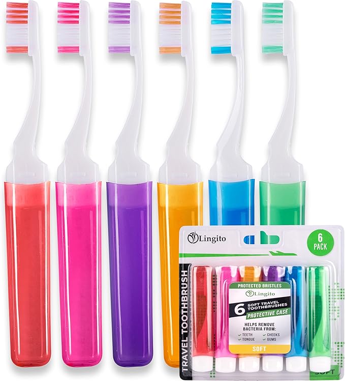 Lingito Travel Toothbrushes - Soft, Mini Toothbrush with Cover, Camping & Travel Size, Adult Kit (6 Pack)