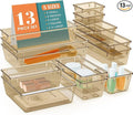 13 PCS Drawer Organizer Set, 5 Varied Size Bathroom and kitchen Drawer cabinet organizer Trays, Clear Storage Bins for Makeup, Jewelry, Utensils and Gadgets, Champagne