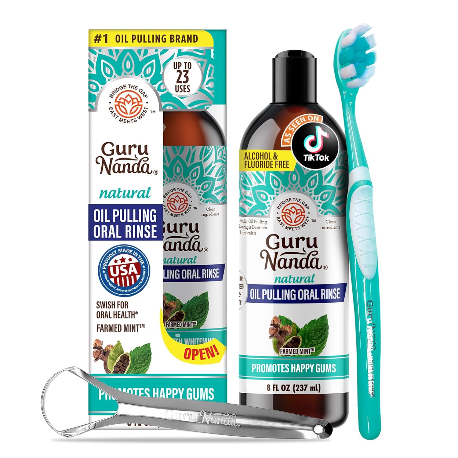 GuruNanda CocoMint Oil Pulling Mouthwash for Complete Oral Hygiene, 7 Essential Oils & Vitamins for Happy Teeth & Gums & Fresh Breath , Alcohol-Free, 8 oz