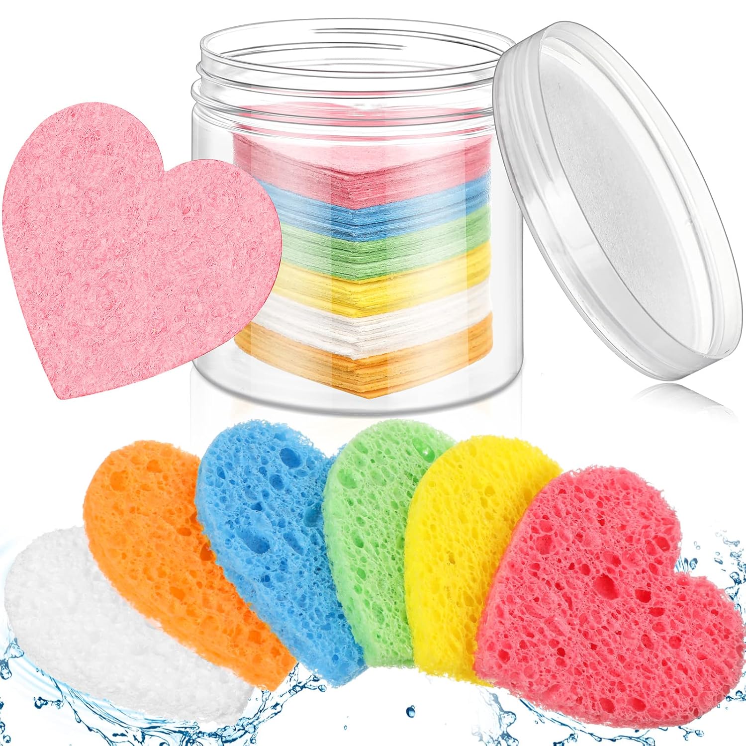 Nuenen 60 Pieces Facial Sponges with Container, Heart Shape Compressed Face Sponges Natural Cleaning Pads for Washing Face Cleaning Exfoliating Esthetician Makeup Removal(Multi Colors)