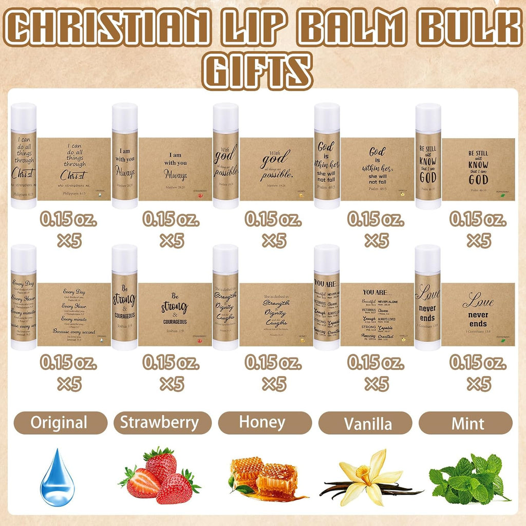 50 Pack Christian Religious Gifts Bulk Lip Balms for Women Men Religious Church Party Favors Bulk Bible Verse Lip Balm with Scripture Inspirational Gifts for Coworkers Staff Employee
