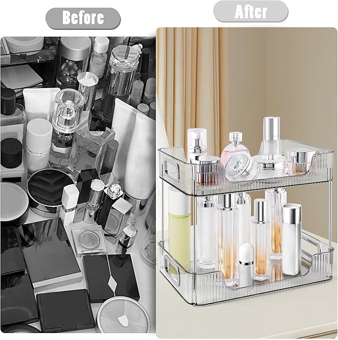 2-Tier Bathroom Counter Organizer Countertop Storage, Dresser Organizer Vanity Tray for Makeup, Perfume Organizer Cosmetics Skincare Shelf - Grey