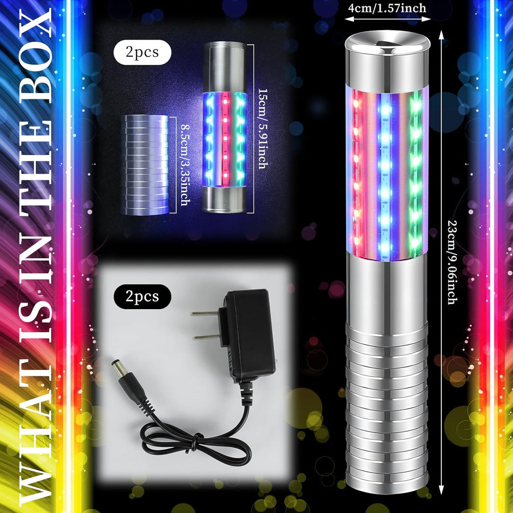 2 Pieces RGB LED Strobe Baton Light Rechargeable Bottle Service Sparklers Stick Reusable Champagne Bottle Handheld LED for Club Stage Nightclub Party Concert Event Bar Outdoor - Silver