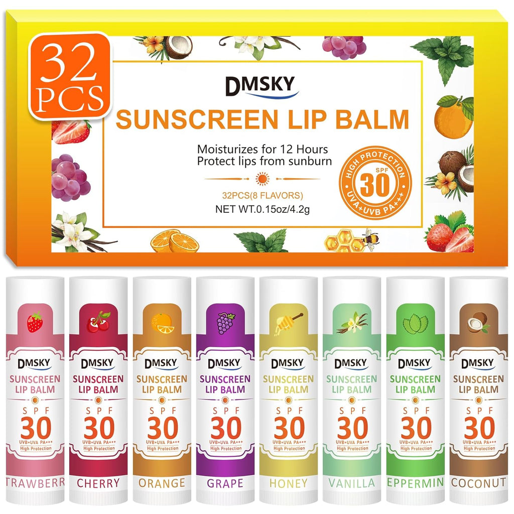 DMSKY SPF 30 Lip Balm Bulk 32 Pack, Sunscreen With Broad Spectrum UVA/UVB Protection, Travel Size Sunblock